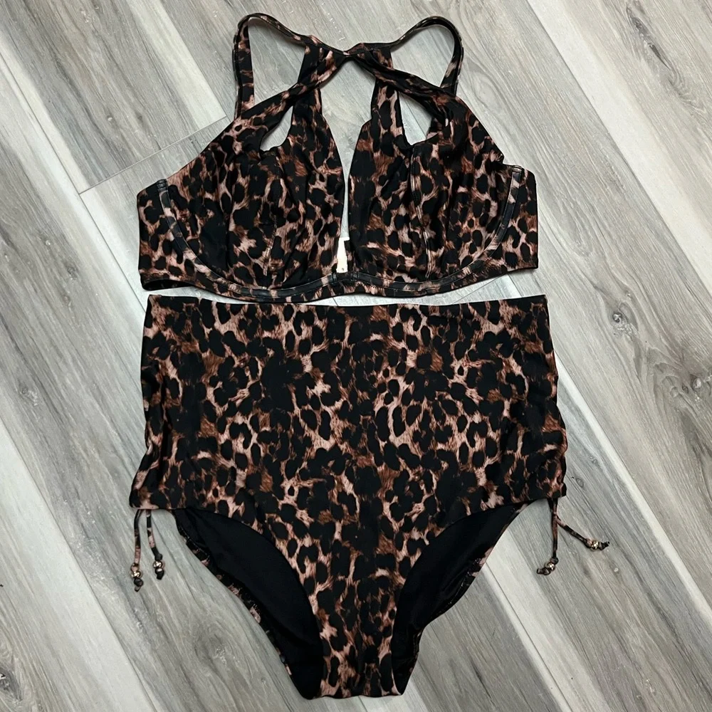 City Chic Brown and Black Leopard High Waist Bikini Set - Picture 1 of 4